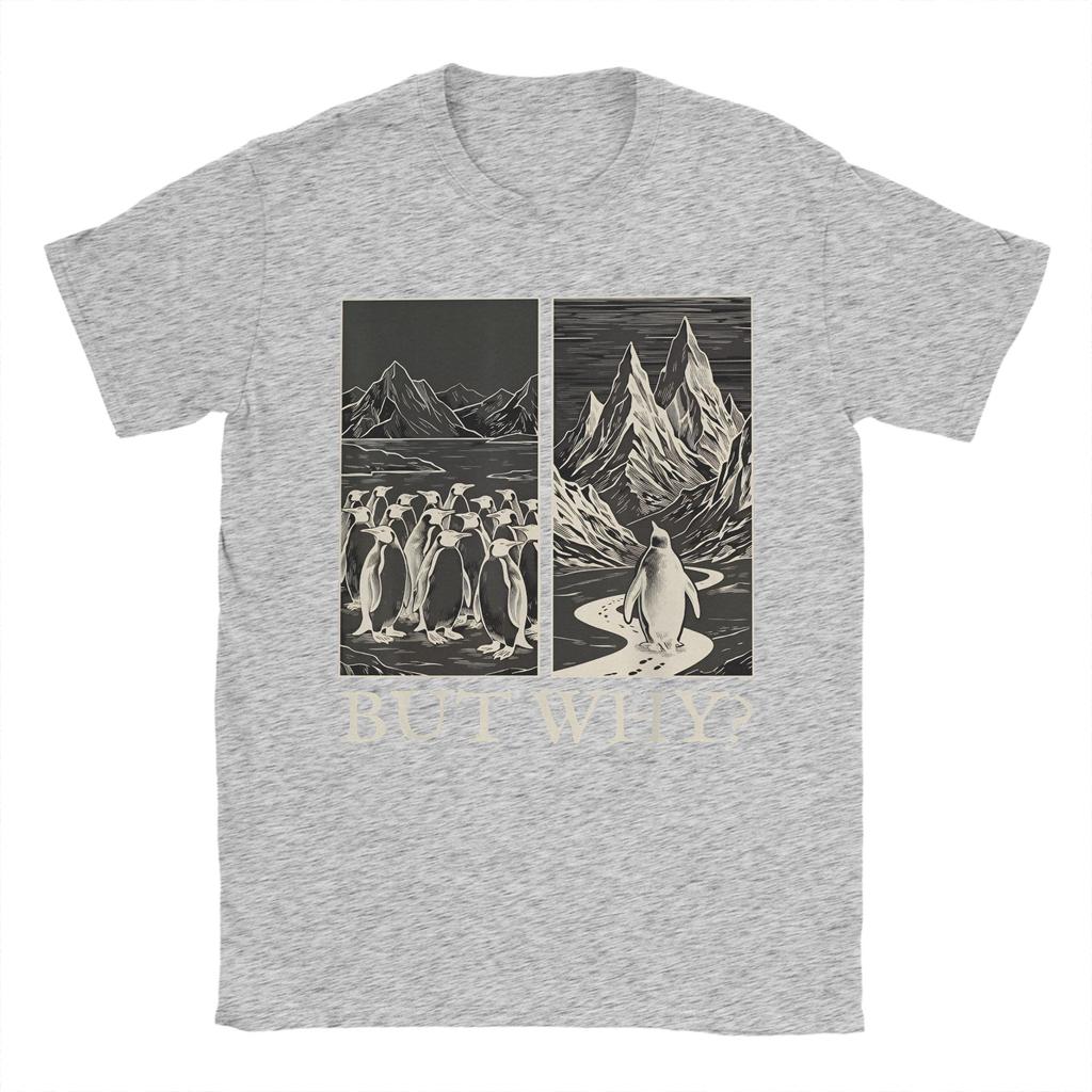 Penguin But Why Head Towards The Mountains Meme Mens T Shirt  Crazy Tees Short Sleeve Round Collar TShirt Pure Cotton 5XL Tops