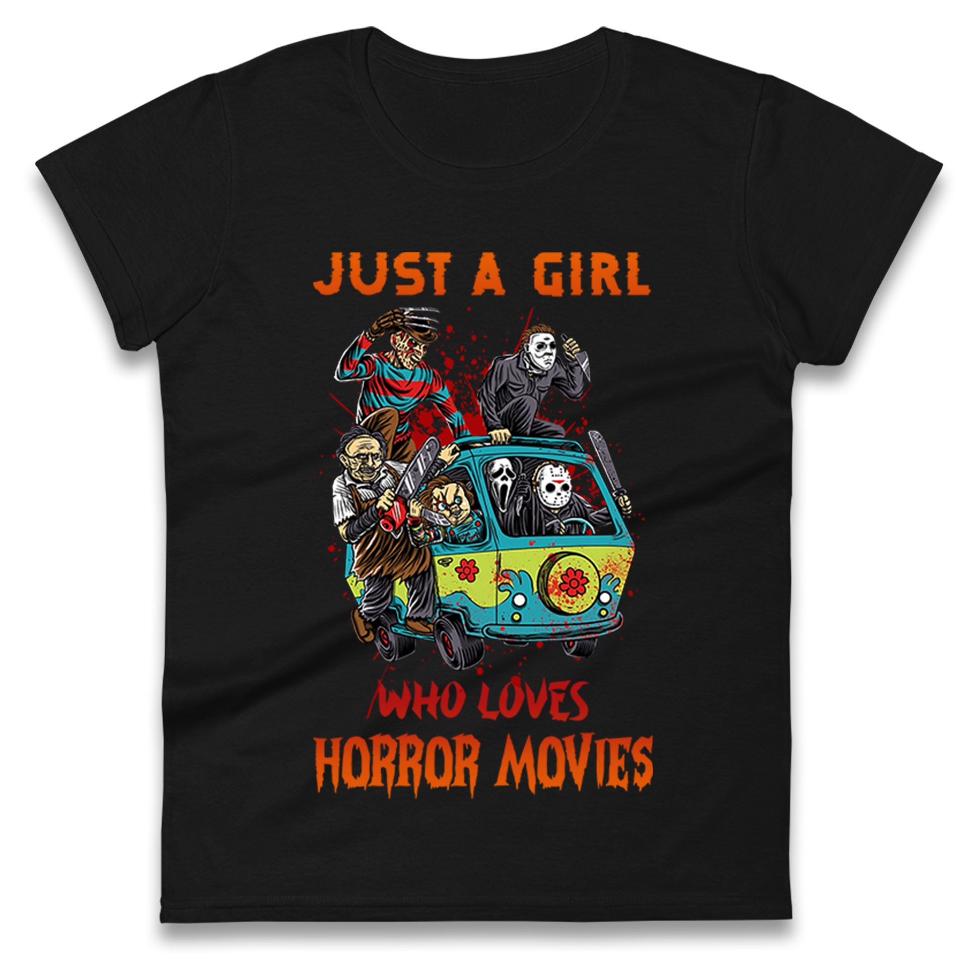 

Just A Girl Who Loves Horror Movies Halloween Womens T Shirt Mens Tops Tees Unisexs XL