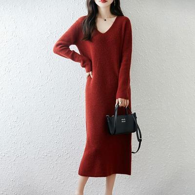 Damen Pulloverkleid 100% Wolle V-Ausschnitt Strick Langer Pullover Winterpullover Wolle Langes Kleid Weiblich