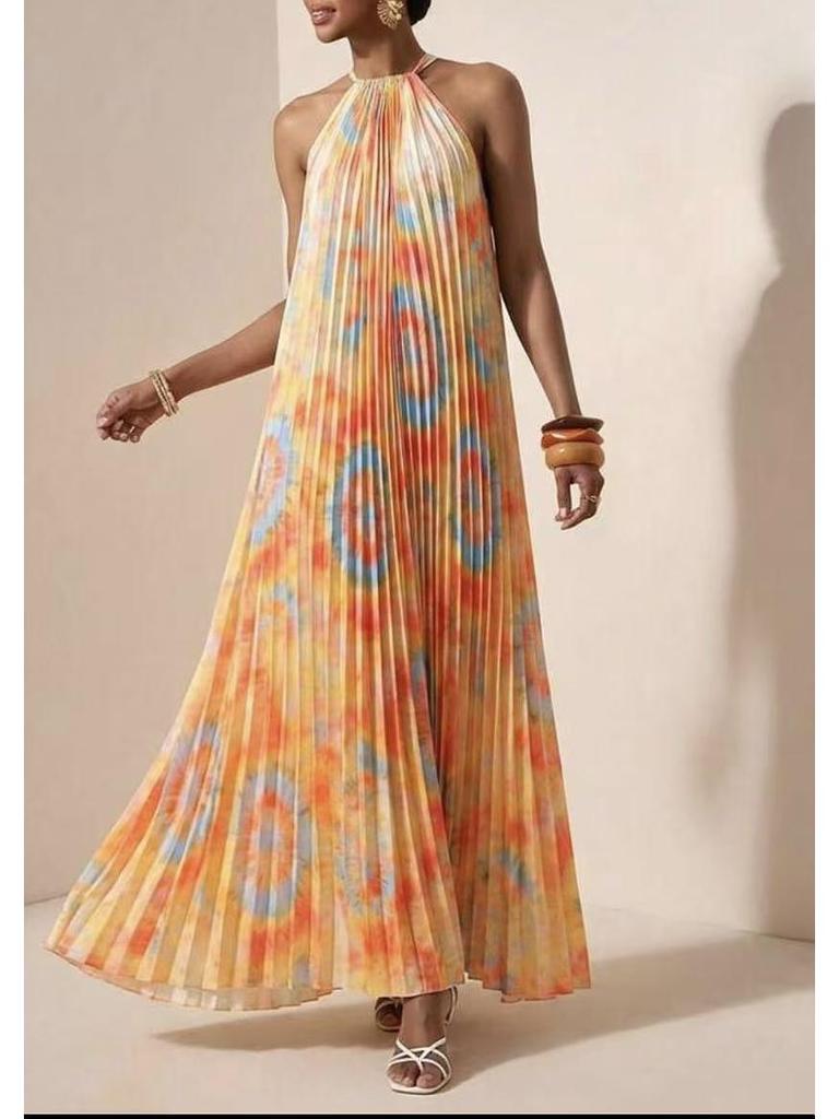 European & American Summer Resort Style Women's Lace-up Printed Pleated Dress
