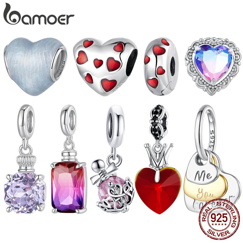 BAMOER 925 Silver Red Heart Charm Ombre Purple Perfume Bottle Pendant for Women DIY Necklace Romantic Gift