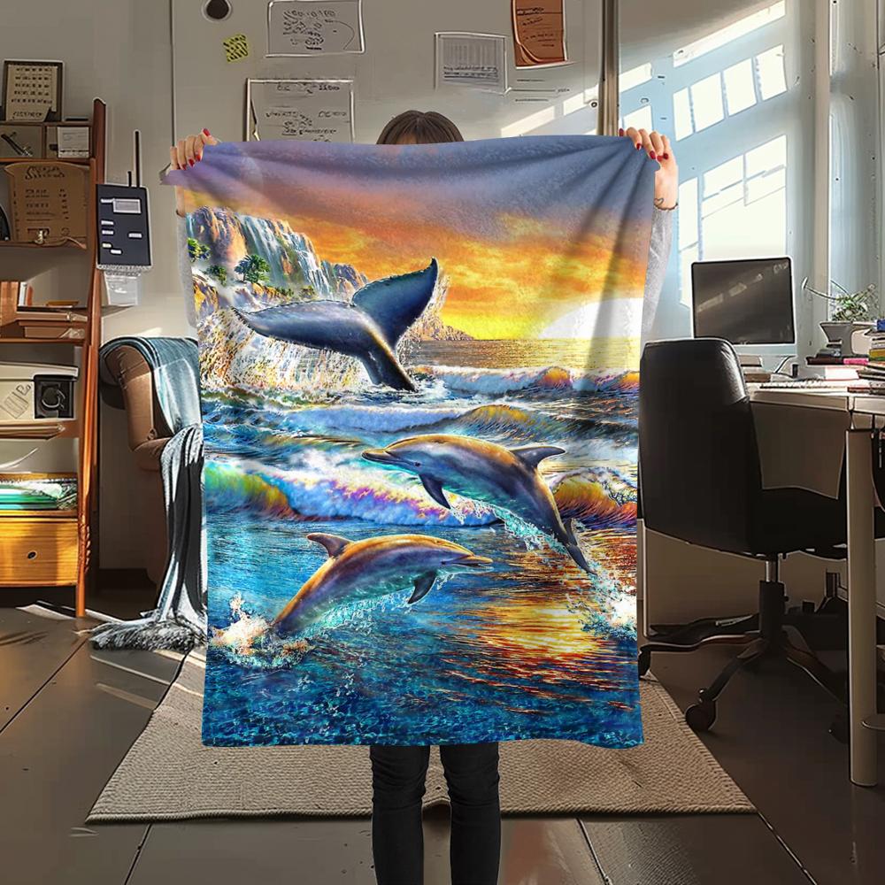 1Pc Dolphins Print Flannel Blanket, High Quality Comfortable for All Seasons, Home Decor, Warmth and Comfort, Perfect for Christmas Gifts