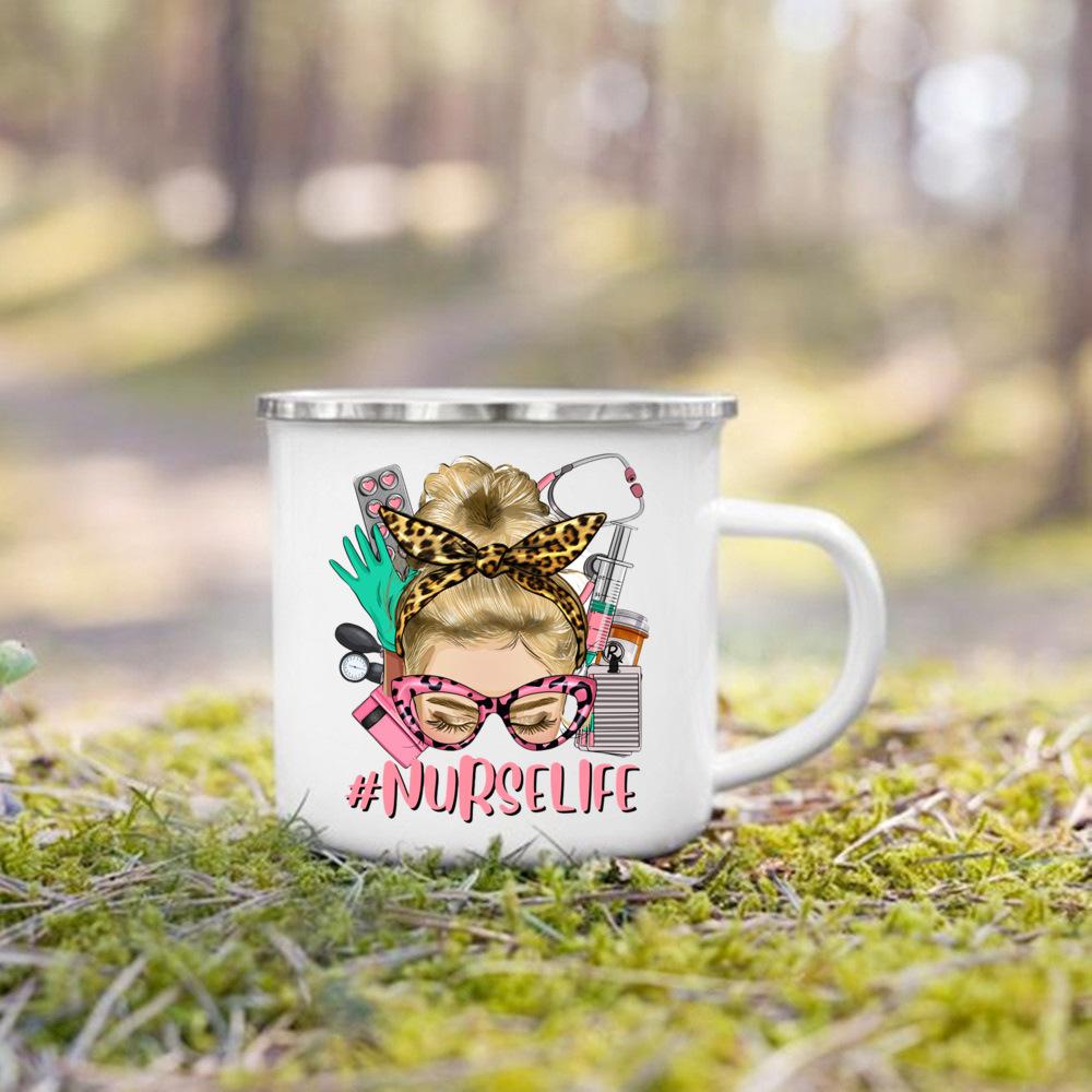Nurse Life Print Mugs Enamel Mugs Creative Coffee Cups Drinks Dessert Breakfast Milk Cup Handle Drinkware Best Gifts for Nurse