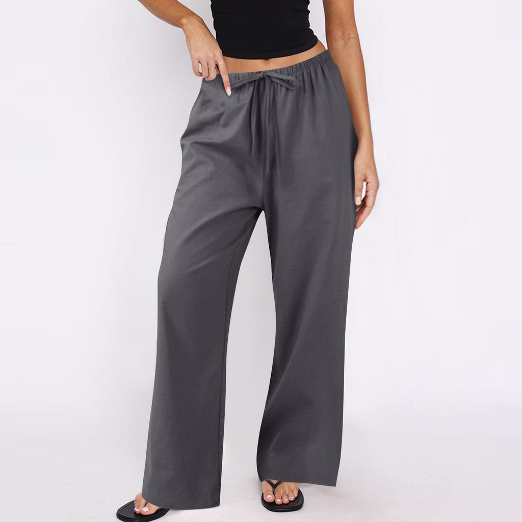 Women's Cotton And Linen Casual Summer Straight Wide Leg Loose Drawstring Elastic Waistband Pocket Trousers