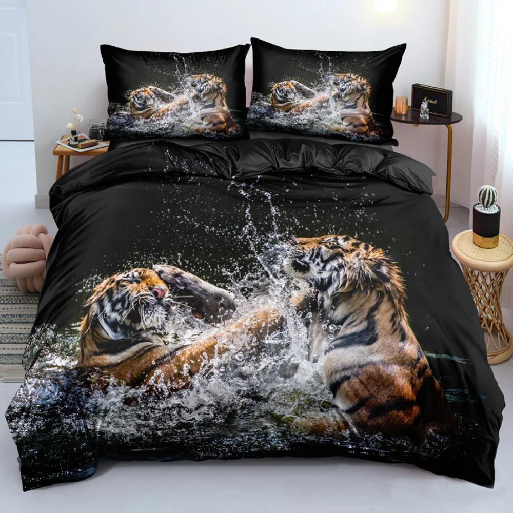 Lion Tiger King Queen Duvet Cover Lovely Wild Animals Bedding Set for Kids Teens Adults Wildlife Quilt Cover