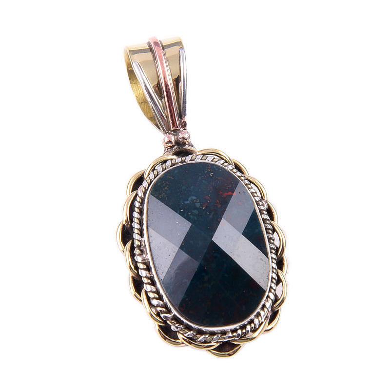 Natural Bloodstone Gemstone 925 Solid Sterling Silver TwoTone Pendant 1.50" J1c88