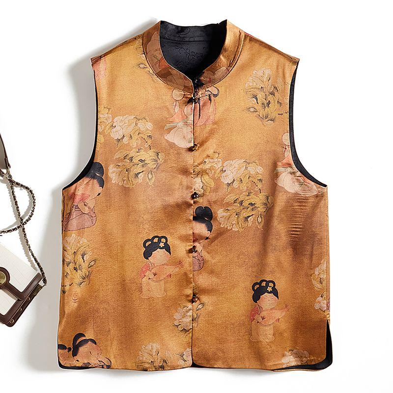 

Hopeless Love! Chinese Style New Fairy Stand Collar Single-Breasted Satin Double-Stitching Two-Sided Wear Spring & Fall Vest New Brown + Black L