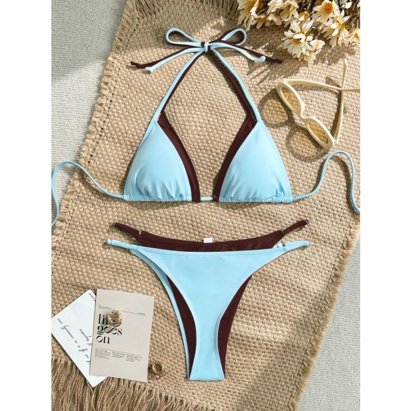 Contrast Color Bikinis Set Women Inner Lining Double Edge Trim Adjustable Halter String Triangle High Cut Swimwear