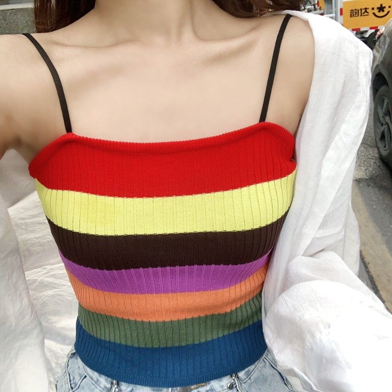 

Цветной полосатый маленький камзол женская летняя верхняя одежда жилет американский тренд короткий трикотажный женский топ one size радужный