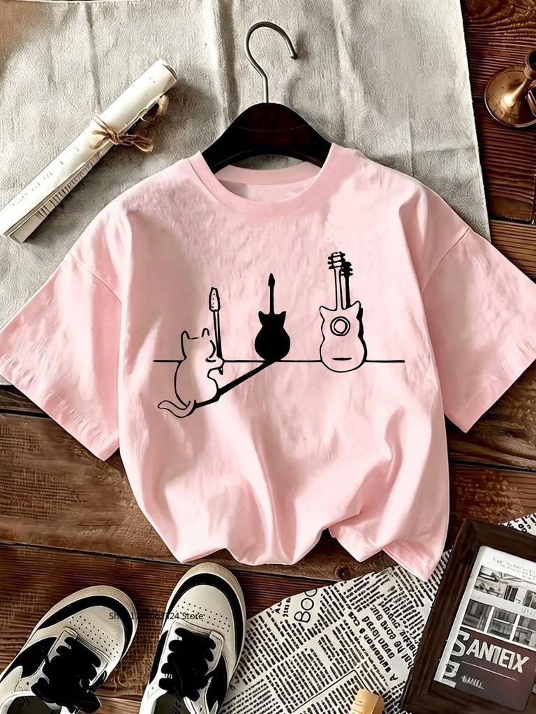 TXCartoon Trendy Kawaii Cat Print T-shirt Women's Summer Round Neck Cute Cat Y2K Graphic Tee Summer Casual Woman Clothing