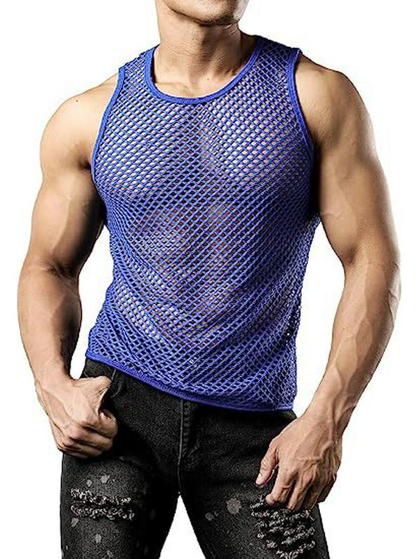 Men's Crew Neck Fishnet Tank Top - Breathable, Loose, Casual, Plus Size, European & American Style.