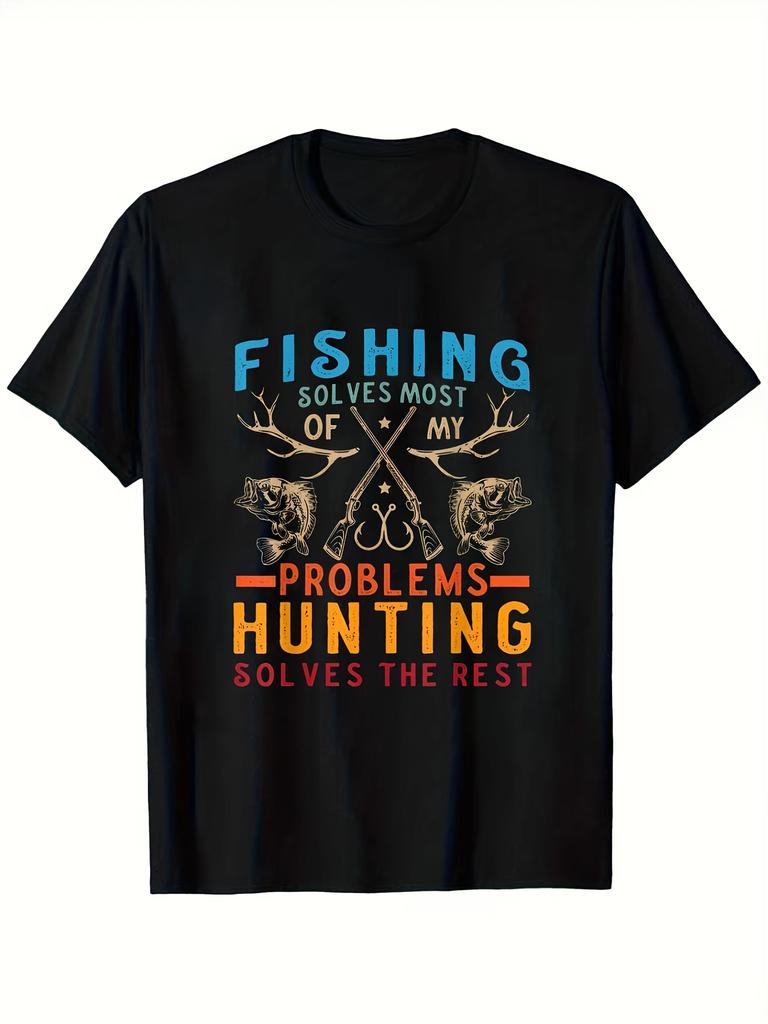 1pc Men's Funny Fishing Solves Most Problems T-Shirt - Outdoor Hunting & Fishing Graphic Tee with