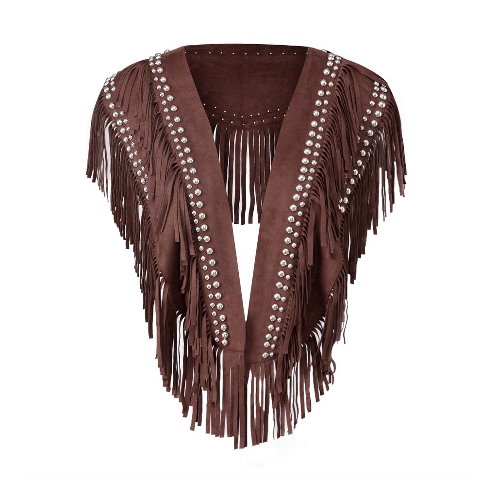 Women's Studded Suede Vest 70s Hippie Outfit Sleeveless Open Front Tassel Vest Collar