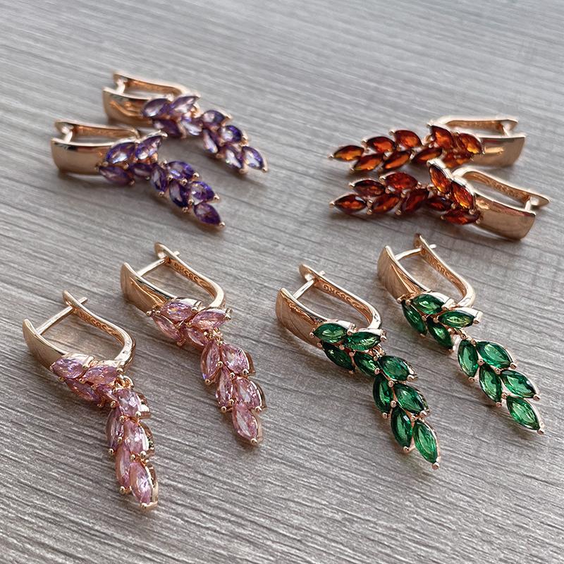 Green Leaf Zircon Dangle Earrings For Women Rose Gold Color Luxury Jewelry Gift Bride Wedding Earrings