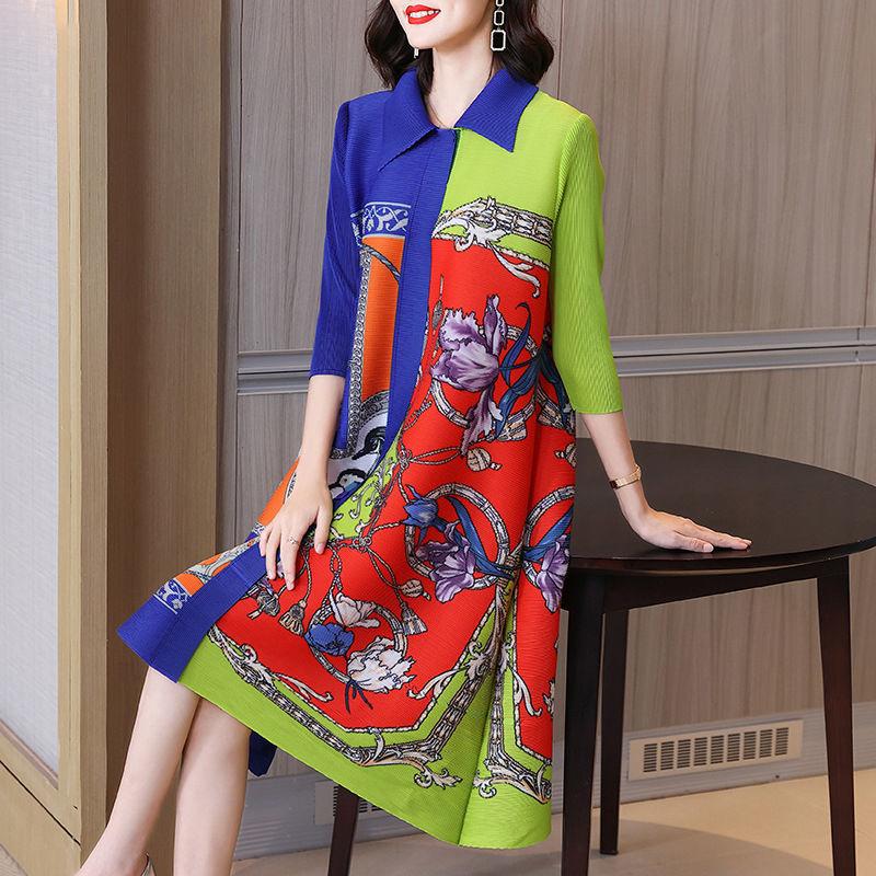 Gefaltete Lange Rock Polo-lose Kleid Große Größe Dünne Weibliche 2022 Neue Sommer Druck Sieben-punkt Hülse Drehen unten Kragen Kleid