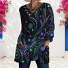 Women Plus Size Round Neck Long Sleeve Black Multicolor Printed Loose Longline T Shirt With Pockets