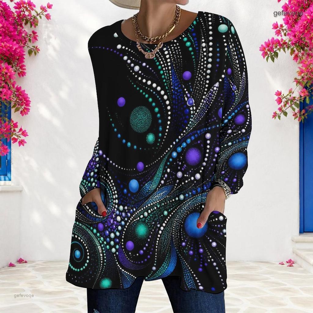 Women Plus Size Round Neck Long Sleeve Black Multicolor Printed Loose Longline T Shirt With Pockets