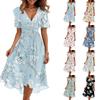 Women V Neck Short Sleeve Floral Print Dress Casual Loose Fit Summer Midi Dress Lightweight Flowing Elegant Style