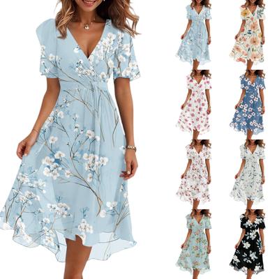 Robe d'été midi à col en V et manches courtes, imprimé floral, coupe décontractée ample, style léger, fluide et élégant pour femme
