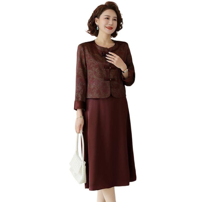 Spring & Autumn Chinese Style Two-Piece Set: Elegant Coat and Mid-Length Skirt for Middle-Aged Women