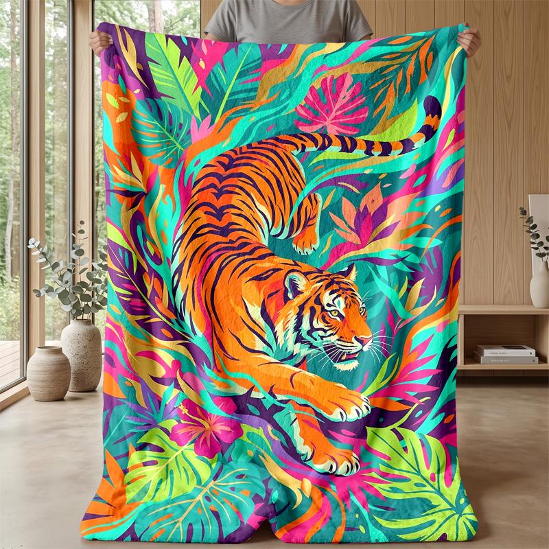 Tiger in Tropical Jungle Theme blanket Lightweight Warm Flannel Blanket Decorative Throw Blanket for Home Decoration
