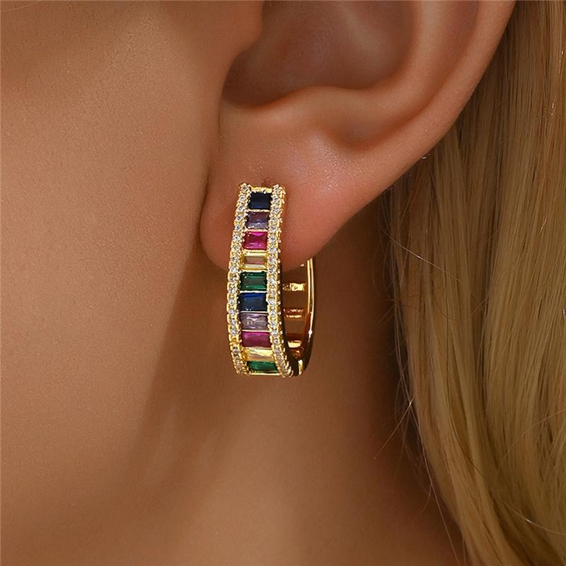 Vintage Rainbow Zircon Stone Geometric Hoop Earrings For Women Fashion Gold Color Wedding Jewelry
