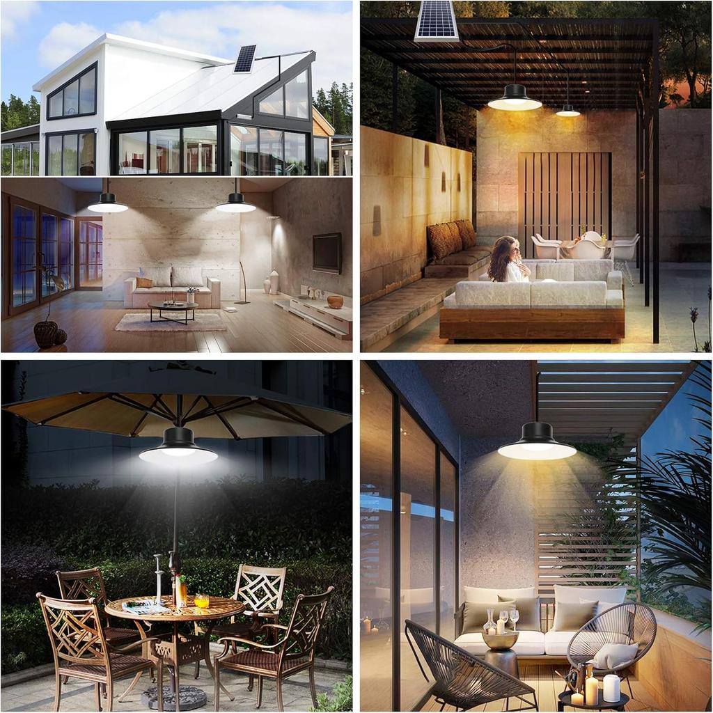 NIORSUN Solar Indoor Lights Outdoor, LED Solar Pendant Lights 3 Color Dimmable Lighting with Remote Control, Gazebo Lights,2x16.4ft Cable IP65