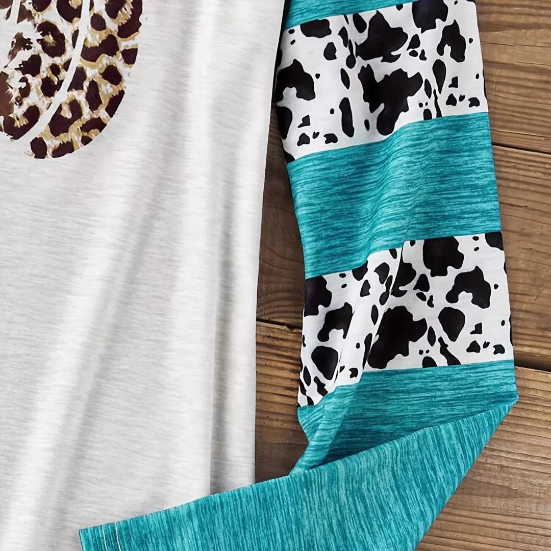 

Футболка большого размера для женщин, повседневная, с цветным леопардовым принтом и принтом тыквы, с длинным рукавом, круглым вырезом, средней эластичностью - L