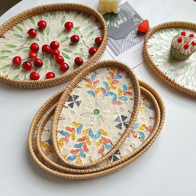 3Pcs Vintage Oval Handmade Rattan Woven Tray Nordic Natural Colorful Shells Weaving Fruit Storage Basket Breakfast Serving Trays