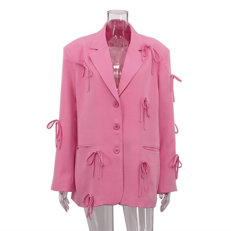 Women Y2k Bow Casual Office Blazer Top Cute Notch Lapel Button Up Jacket Oversized Long Sleeve Coat