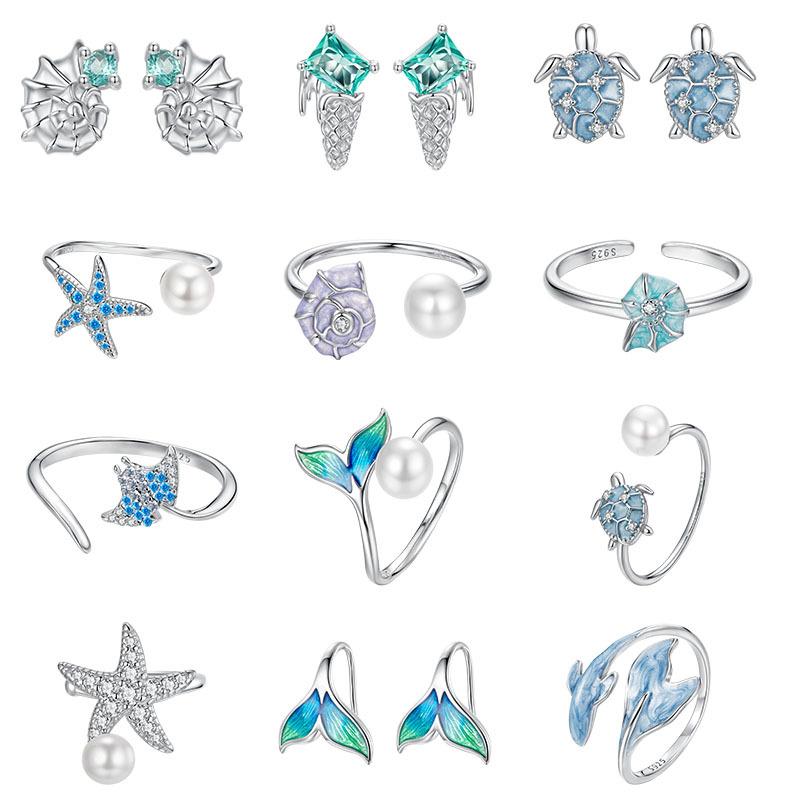 Summer Little Fresh Turtle Ring Earrings Jewelry Set 925 Sterling Silver Starfish Bead Ring Jewelry