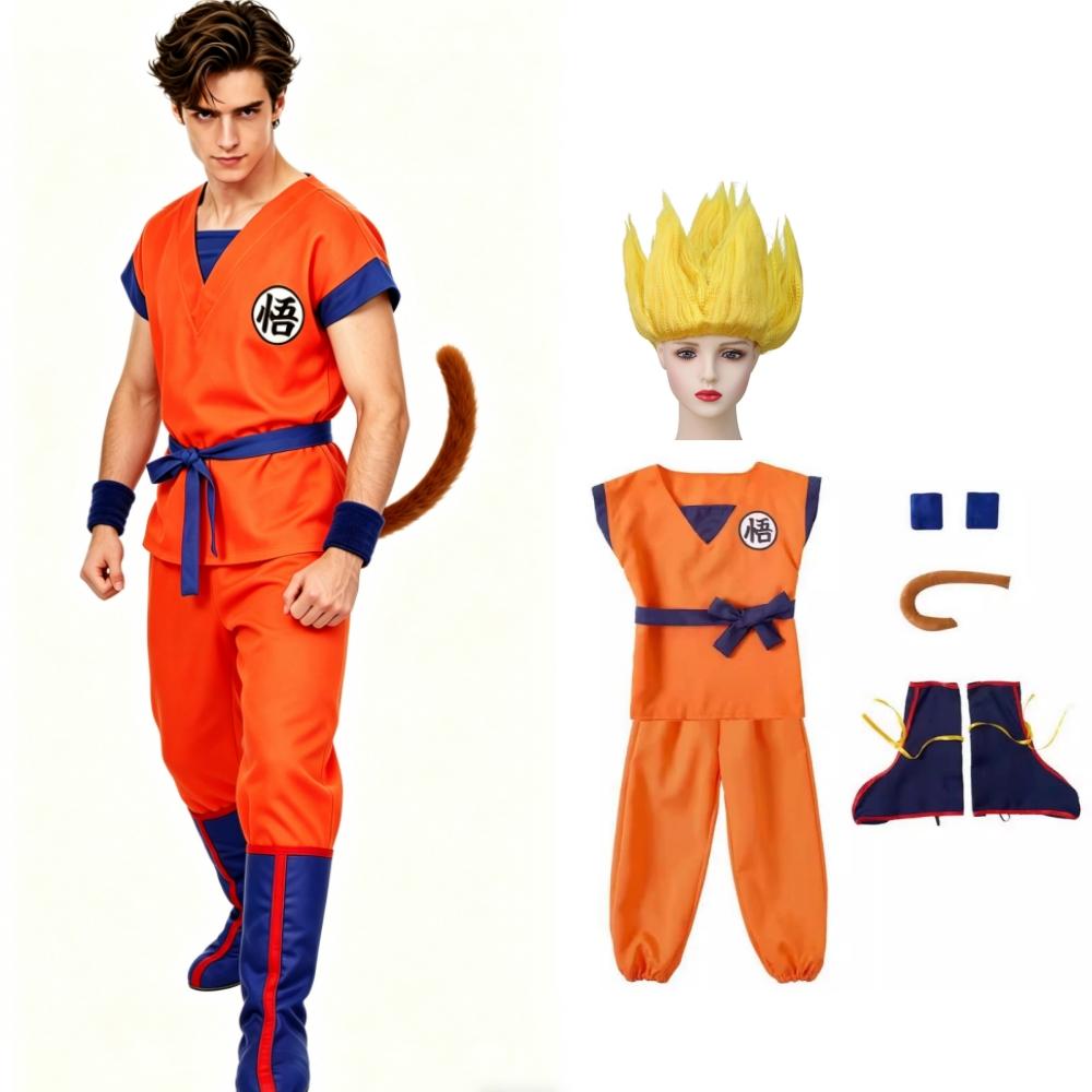 Halloween Adult Son Goku Cosplay Costume Suit Anime Men Woman Krillin Training Clothes Superheroes Saiyan Jumpsuit Role Play Wig