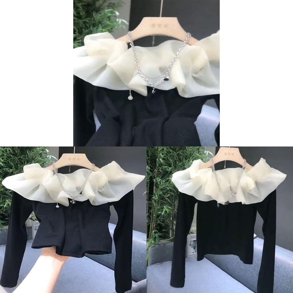 Tshirt Elegant Off Shoulder Mesh Splicing With Embroidery For Women Spring 2025