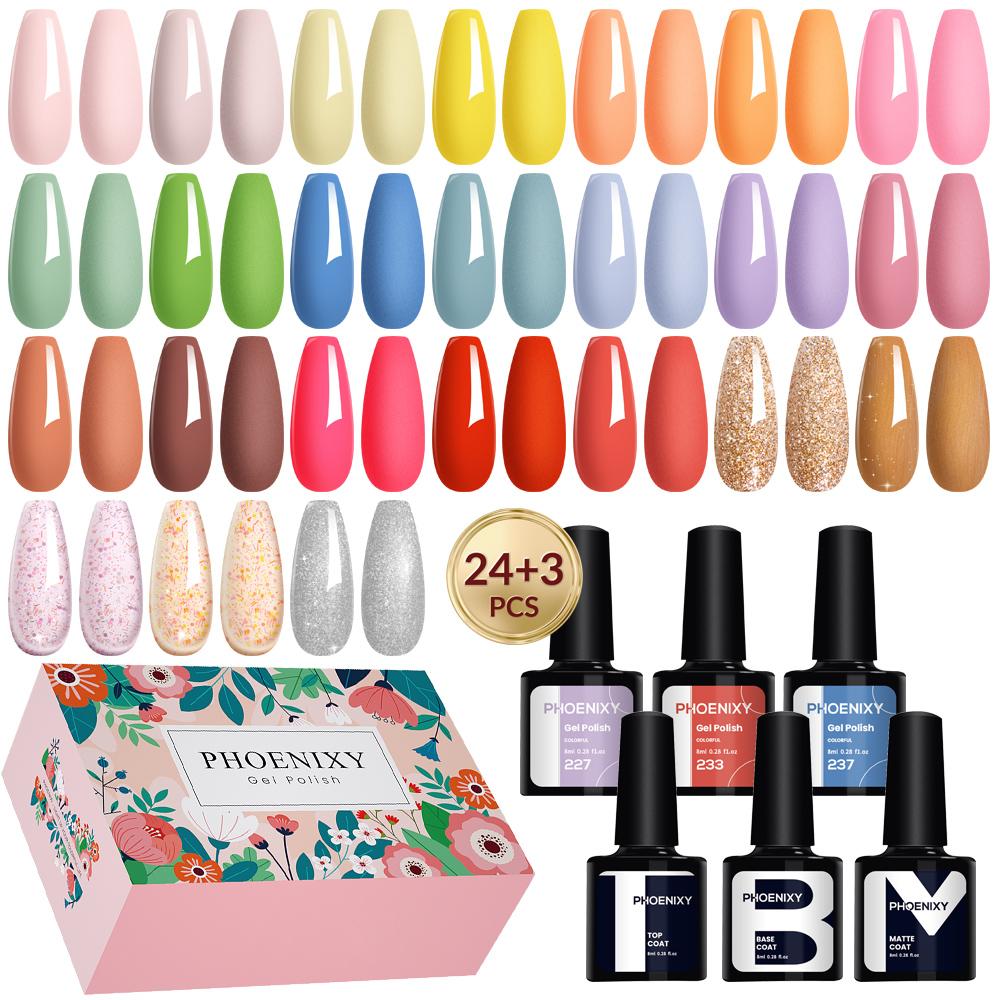 

PHOENIXY Набор гель-лаков для ногтей из 24 штук с базовым и глянцевым матовым топовым покрытием Soak off Гель-лак Набор Подходит для всех сезонов Подарки с гель-лаком SET 05