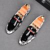 Fashion New White Black Print Pattern Patent Leather Slip On Shoes For Men Male Wedding Dress Prom Homecoming Shoes Zapatos Hombre