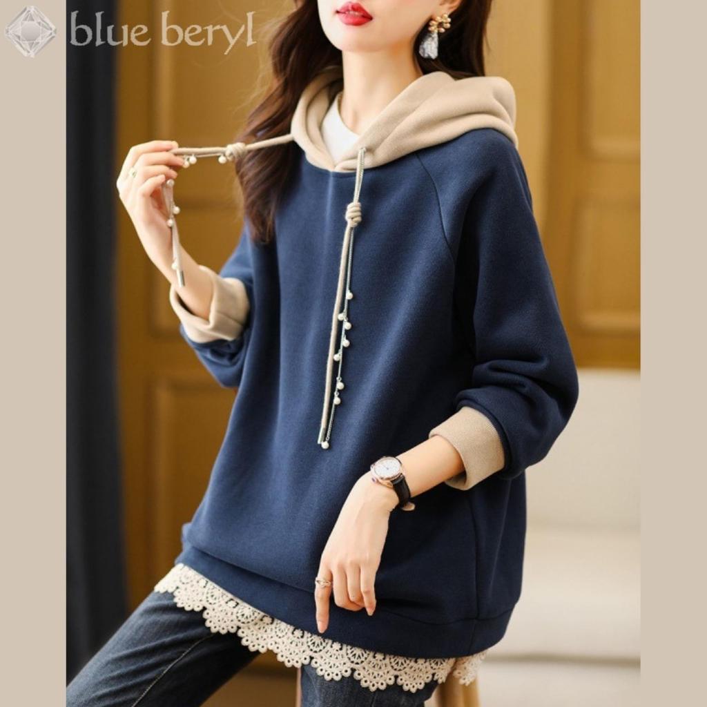 Blue Beryl Lace Long Fleece Loose [Limited Stock] Women's Hoodie, Pullover, Hem, Sleeves, Lining, Fit, Blue, BB028-BL-S