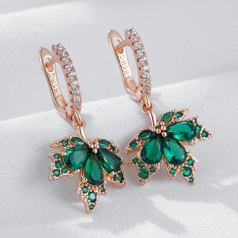 Oryginalny Design Błyszczące Zielone Naturalne Cyrkony Kolczyki Liść Klonu Dla Kobiet Moda Kolor Różowego Złota Codzienna Delikatna Biżuteria