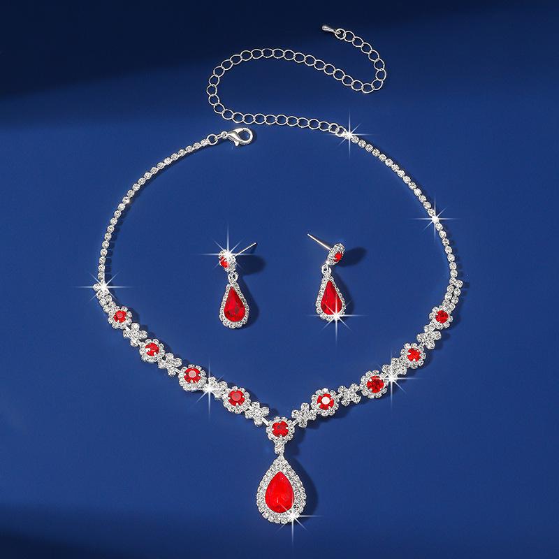 European & American Multi-Color Rhinestone Jewelry Set: Green, Blue & Red Necklace, Earrings, Bracelet & Ring