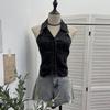 Women's Halter V-Neck Denim Vest: Body-Hugging, Elastic Back, Short, Sleeveless Top. Style 830.