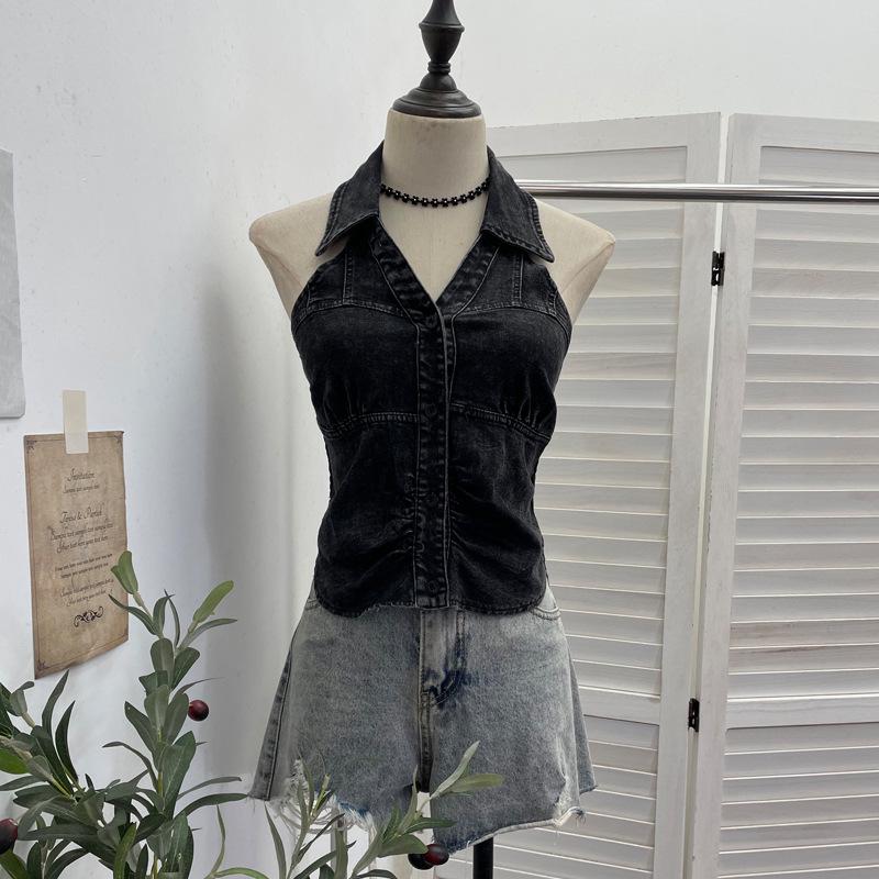 Women's Halter V-Neck Denim Vest: Body-Hugging, Elastic Back, Short, Sleeveless Top. Style 830.
