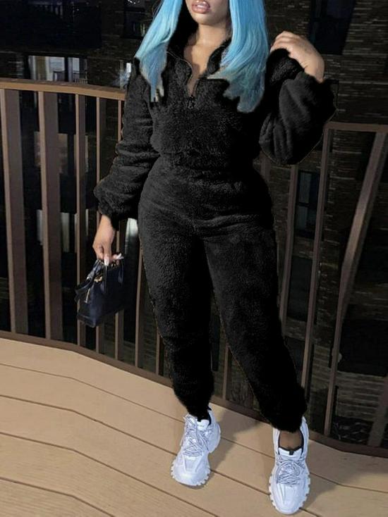 European & American Women's Solid Color Long Sleeve Plush Suit - Autumn/Winter Fashion Casualwear