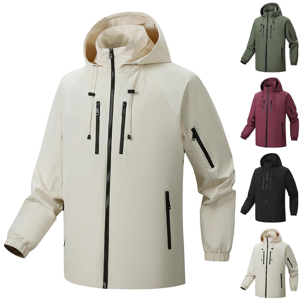 Men's Solid - Color Outerwear Waterproof And Wind - Resistant Hooded Windbreaker, Outdoor Sports Raglan Sleeve Jacket, Men's Fleece - Lined Jacket
