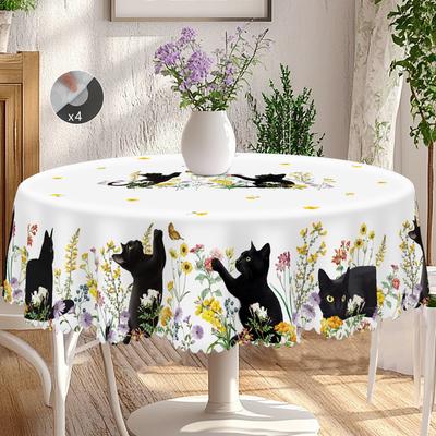 1 Stück Tischdecke mit Kätzchen-Motivdruck, Landhausstil, Schwarzes Kätzchen, Blumendesign, Mehrere Größen verfügbar, Geeignet für Spri