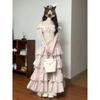 Xiaofei Sleeve Pink Floral Suspender Dress Women's Summer Beauty Gentle Wind Princess Cake Dress Long Skirt