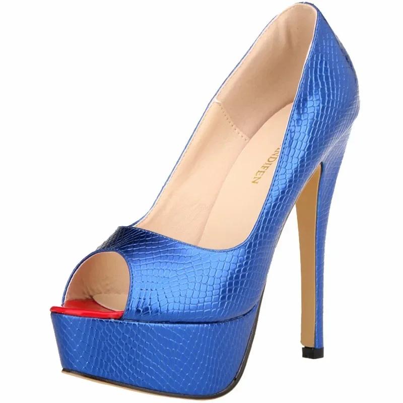 New Women Pumps Patent Leather Platform Sexy Crocodile Pattern 14cm High Heels Open Toe Stiletto Party Wedding Shoes