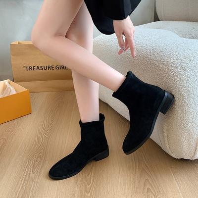 Skinny Suede Pointed Autumn Elastic Thin Boots Women's Large Size Temperament Thick Heel Retro Short Martin Boots Tide
