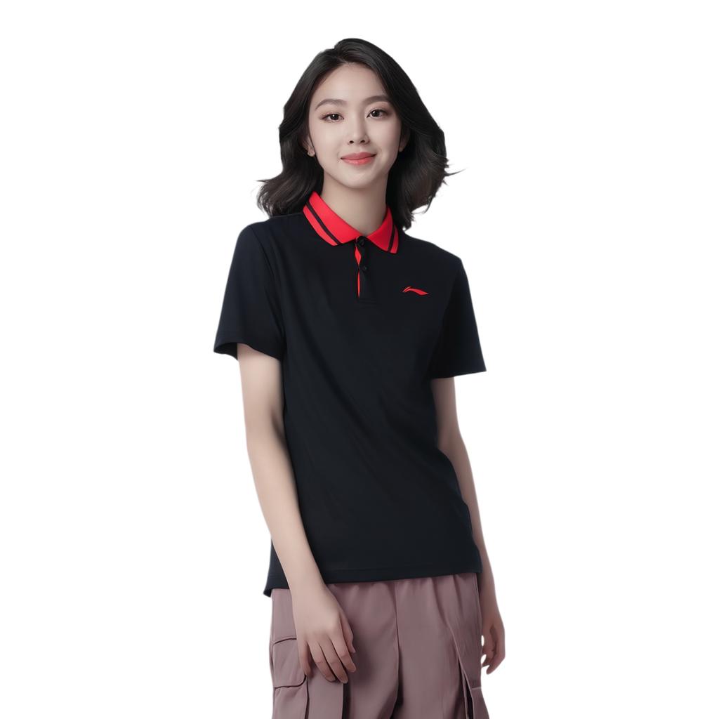 Li Ning Serie Principiante Tenis de Mesa Logo Polo Medio Botón Unisex Camisas Polo Negro AAYT033-4