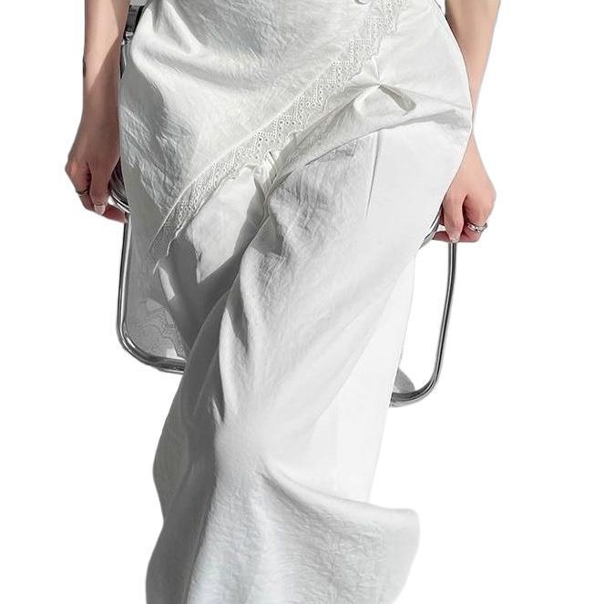 Women's White Lace Two-Piece Wide-Leg Pants with Crotch Cover - High-Waisted, Slimming, Draping, Floor-Length for Summer