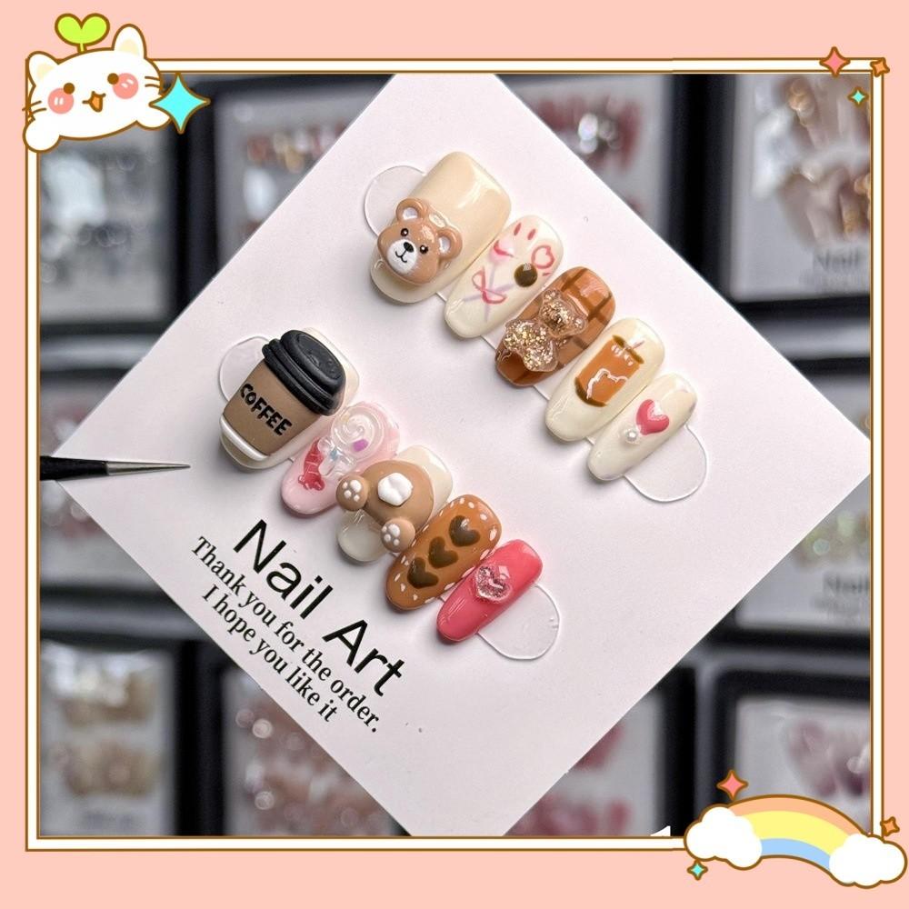 Coffee Bear Cartoon Cup Handmade Wearable Nail Piece Gentle Childrens Pattern