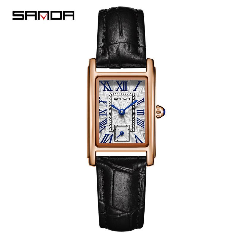 Stylish Sanda Square Steel & Leather Quartz Watch with Roman Numerals, Waterproof Design for Women